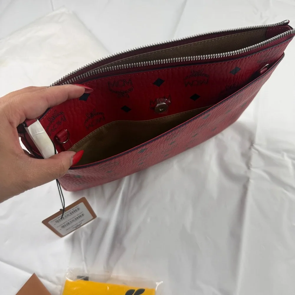 MCM Visetos Monogram Red Leather Clutch Crossbody Bag MYZ FSTA07 XC001 - Picture 8 of 11